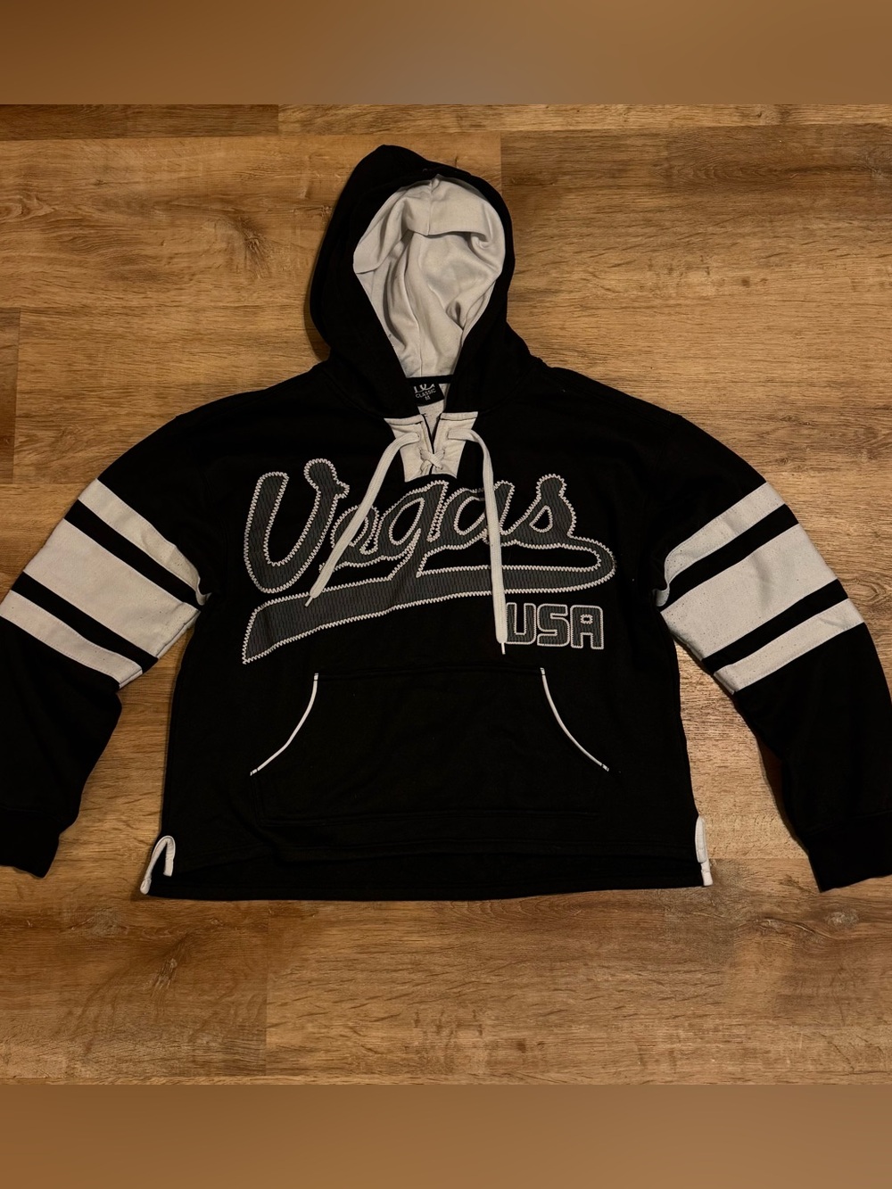 Y2K Vegas USA Lace Up Jersey Hoodie M Black White